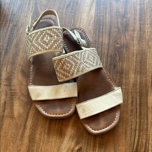 FRYE Woven Strap Leather Sandals in Brown and Cream